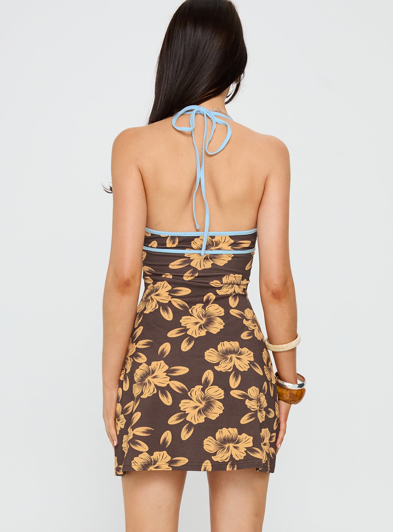 Mishie Halter Mini Dress Brown / Blue Floral | Princess Polly Mishie Halter Mini Dress Brown / Blue Floral | Princess Polly
