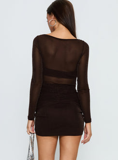 Joceline Long Sleeve Sheer Mini Dress Brown Shimmer