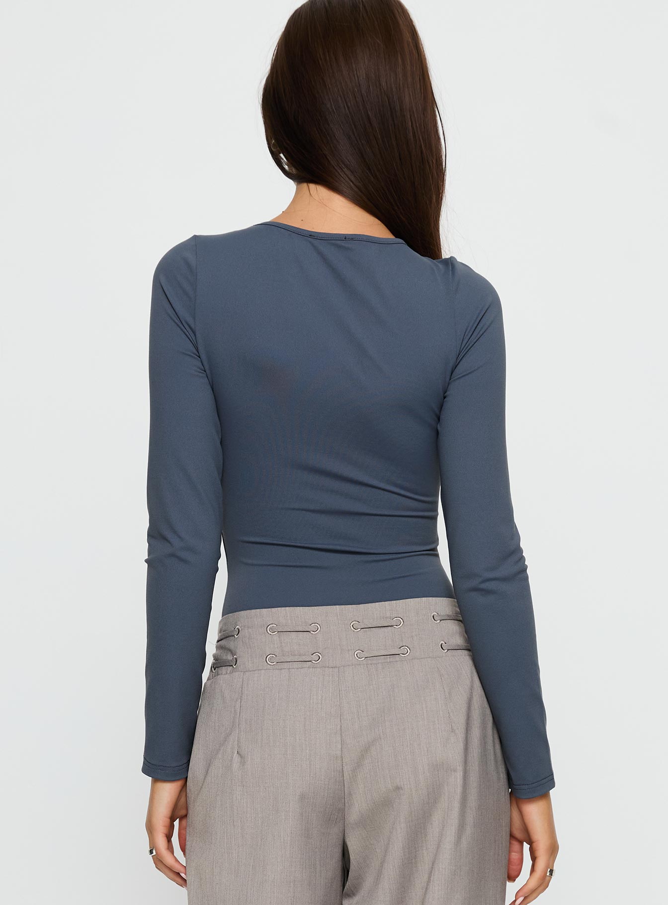 back view of model wearing Princess Polly Make It Yours Cut Out Long Sleeve Bodysuit Slate Long Sleeve Tops 