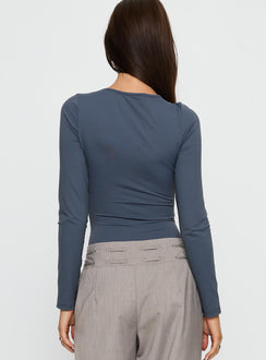 back view of model wearing Princess Polly Make It Yours Cut Out Long Sleeve Bodysuit Slate Long Sleeve Tops 