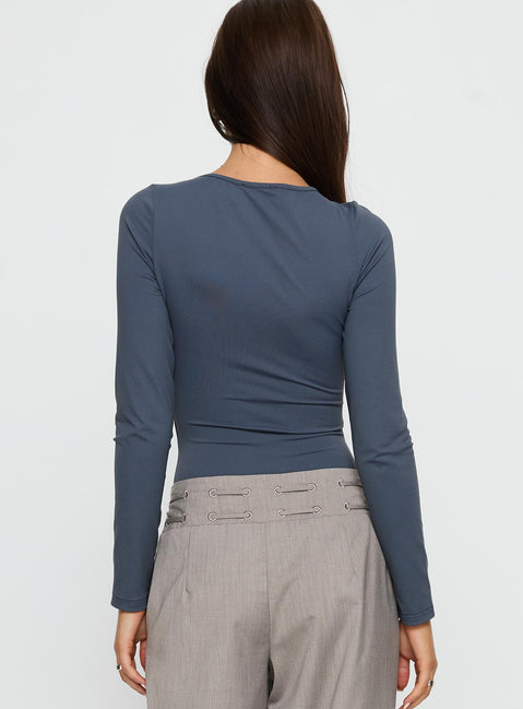 back view of model wearing Princess Polly Make It Yours Cut Out Long Sleeve Bodysuit Slate Long Sleeve Tops 