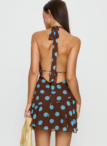 Karolie Halter Plunge Mini Dress Brown / Blue Polka Dot