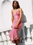 side view of model wearing Princess Polly Beverlie Halter Maxi Dress Pink Floral Plunger 