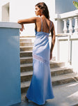 back view of model wearing Princess Polly On Postcards Tie Split Maxi Dress Blue Plunger 