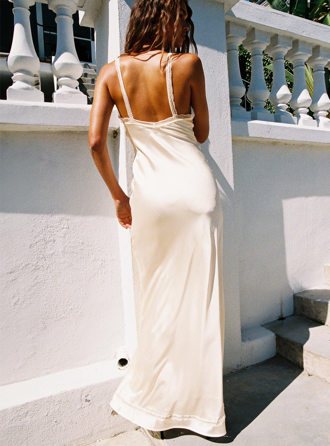 back view of model wearing Princess Polly Aphrodyte Lace Maxi Dress Cream Plunger 