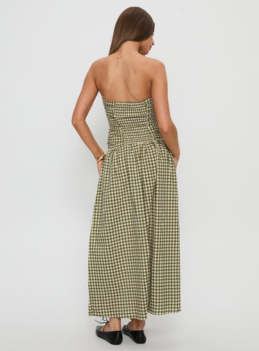 Frankey Strapless Drop Waist Maxi Dress Green Check