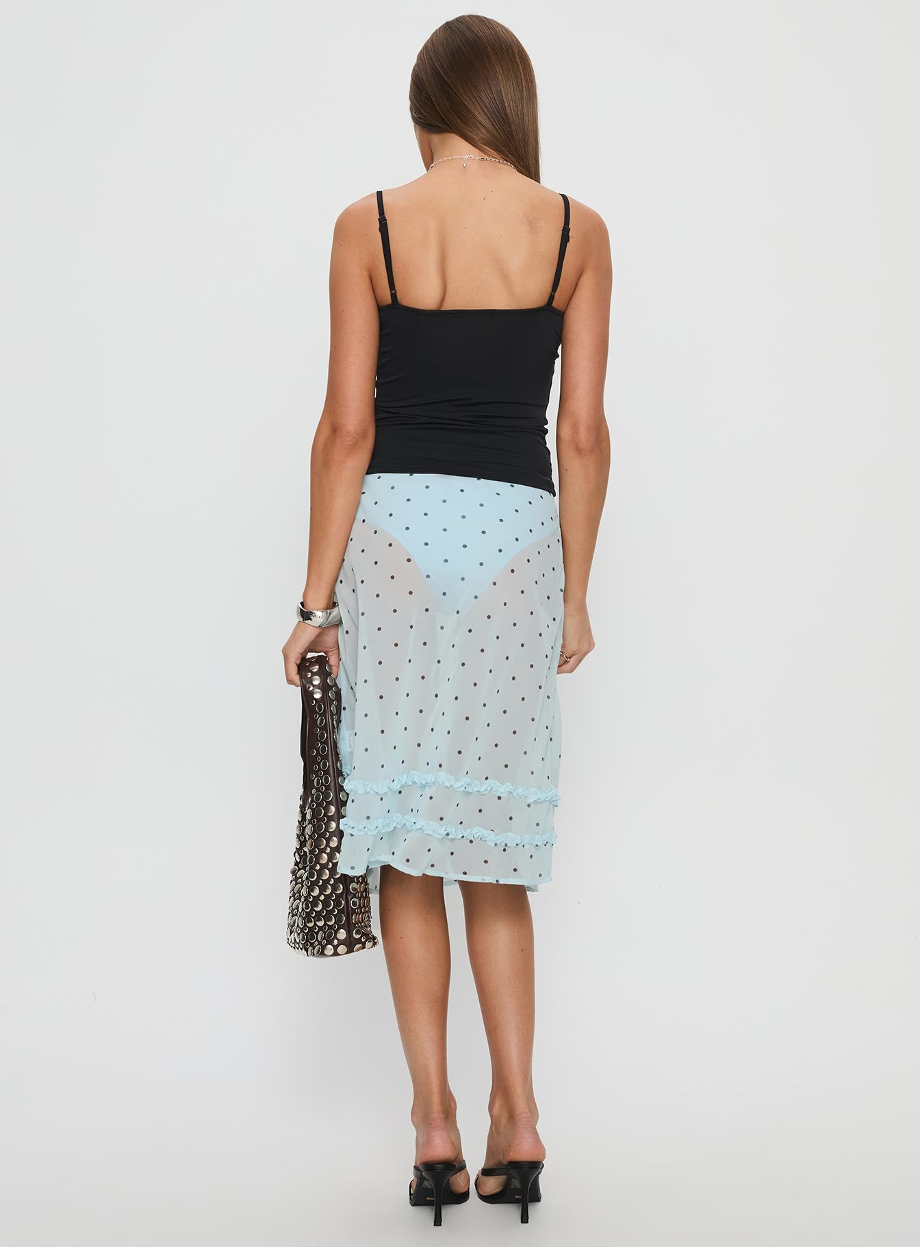 back view of model wearing Princess Polly Lyza Sheer Midi Skirt Blue Polka Midi Skirts 