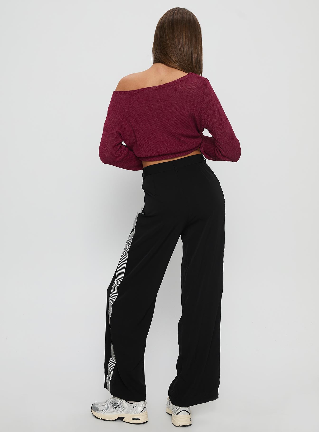 back view of model wearing Princess Polly Fusion Tailored Track Pant Black High Rise Pants 