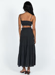 Matching set Crop top Ruched design Adjustable shoulder straps Maxi skirt Elasticated waistband Tiered skirt