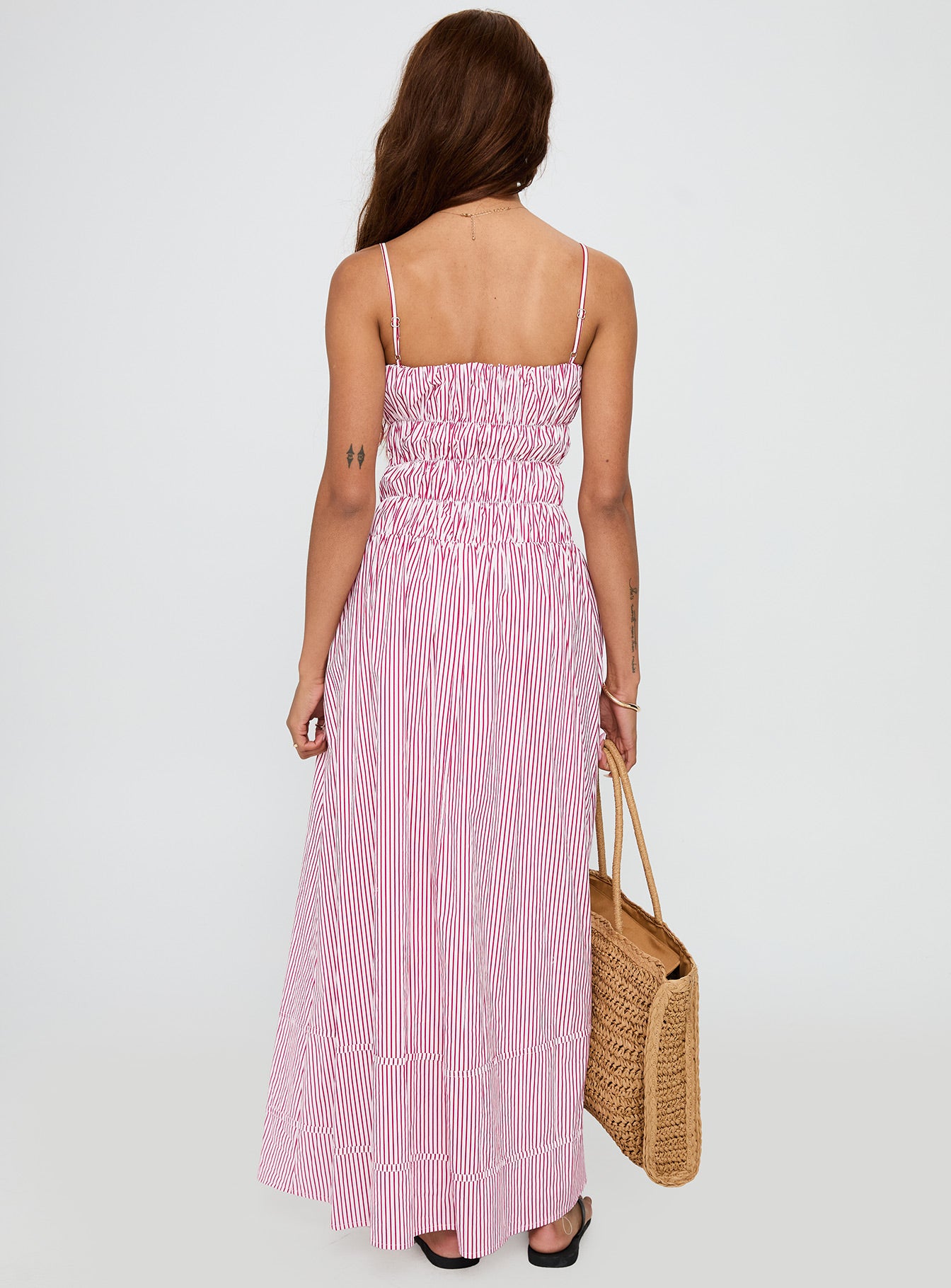 back view of model wearing Princess Polly Loralei Shirred Maxi Dress Red Stripe Square Neck 