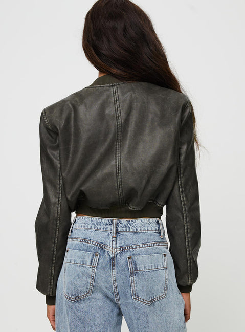 Faux leather bomber jacket High neckline, zip fastening, twin hip pockets, elasticated waistband and cuff