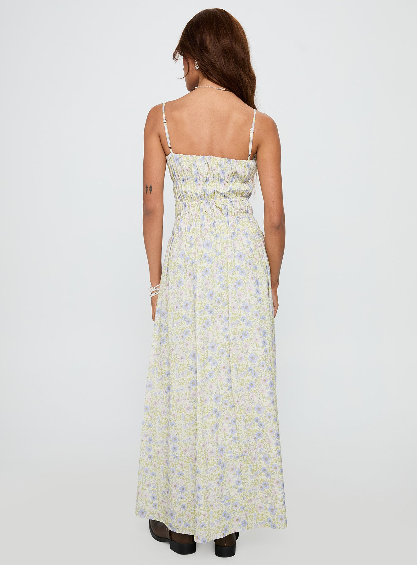 back view of model wearing Princess Polly Loralei Shirred Maxi Dress Floral Square Neck 