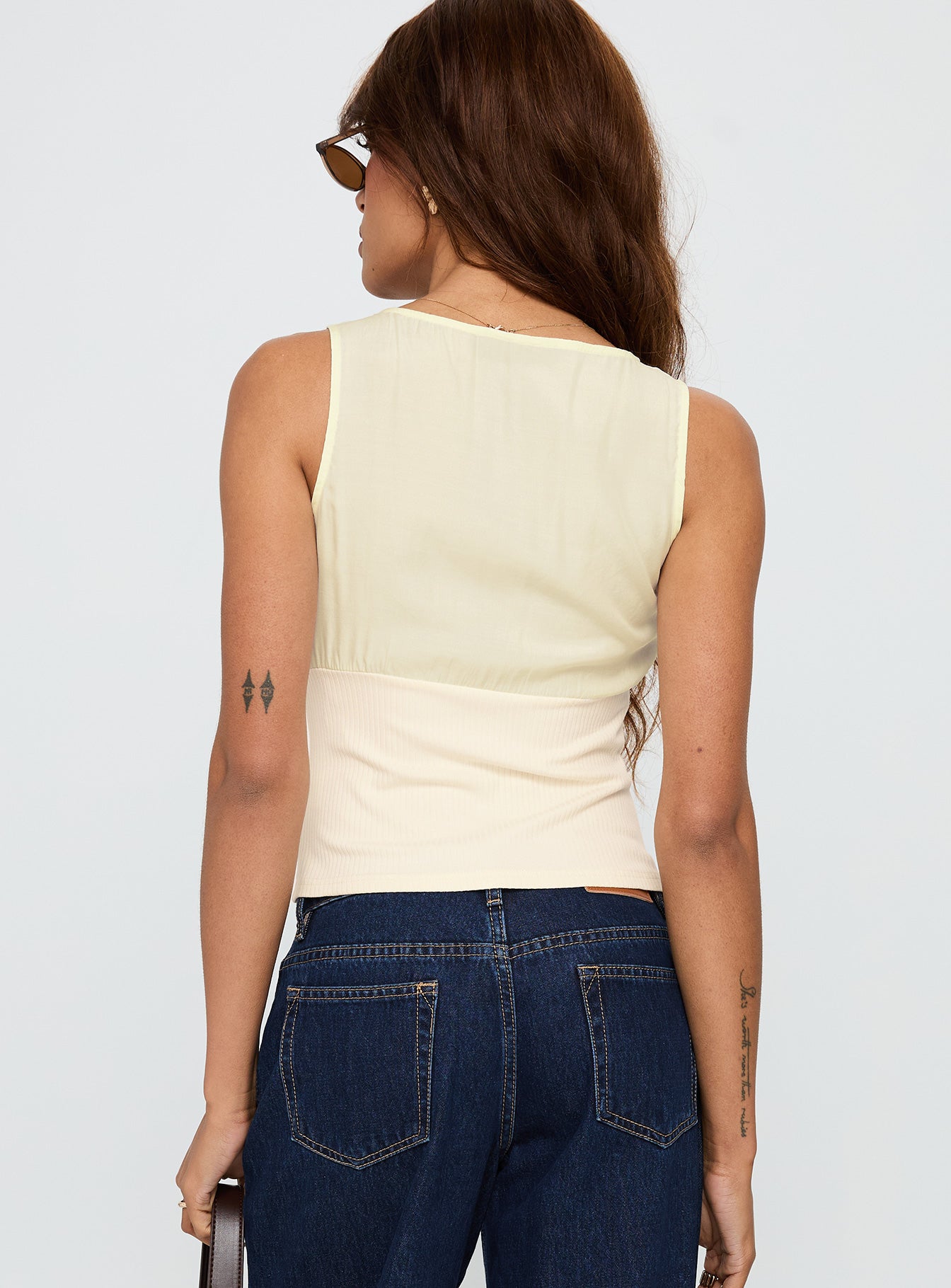 back view of model wearing Princess Polly Can We Dance Top Cream Sleeveless V-Neck 