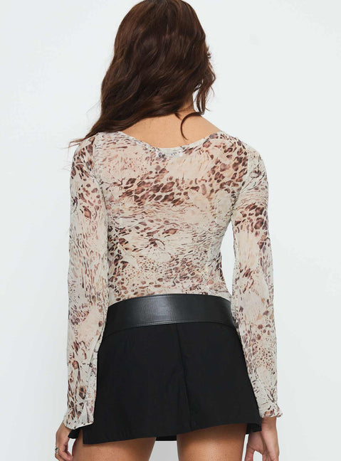 Edeline Bias Cut Long Sleeve Top Cream Animal