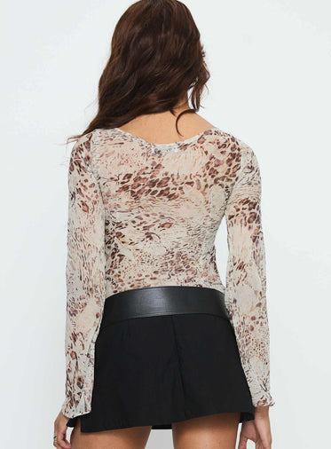 Edeline Bias Cut Long Sleeve Top Cream Animal