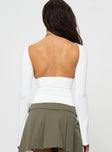 Open back long sleeve top High neckline, wide open back Good stretch, lined body