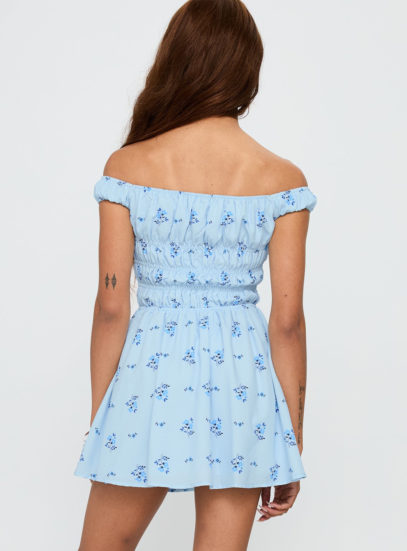 back view of model wearing Princess Polly These Are The Days Shirred Mini Dress Blue Multi Straight Neck 