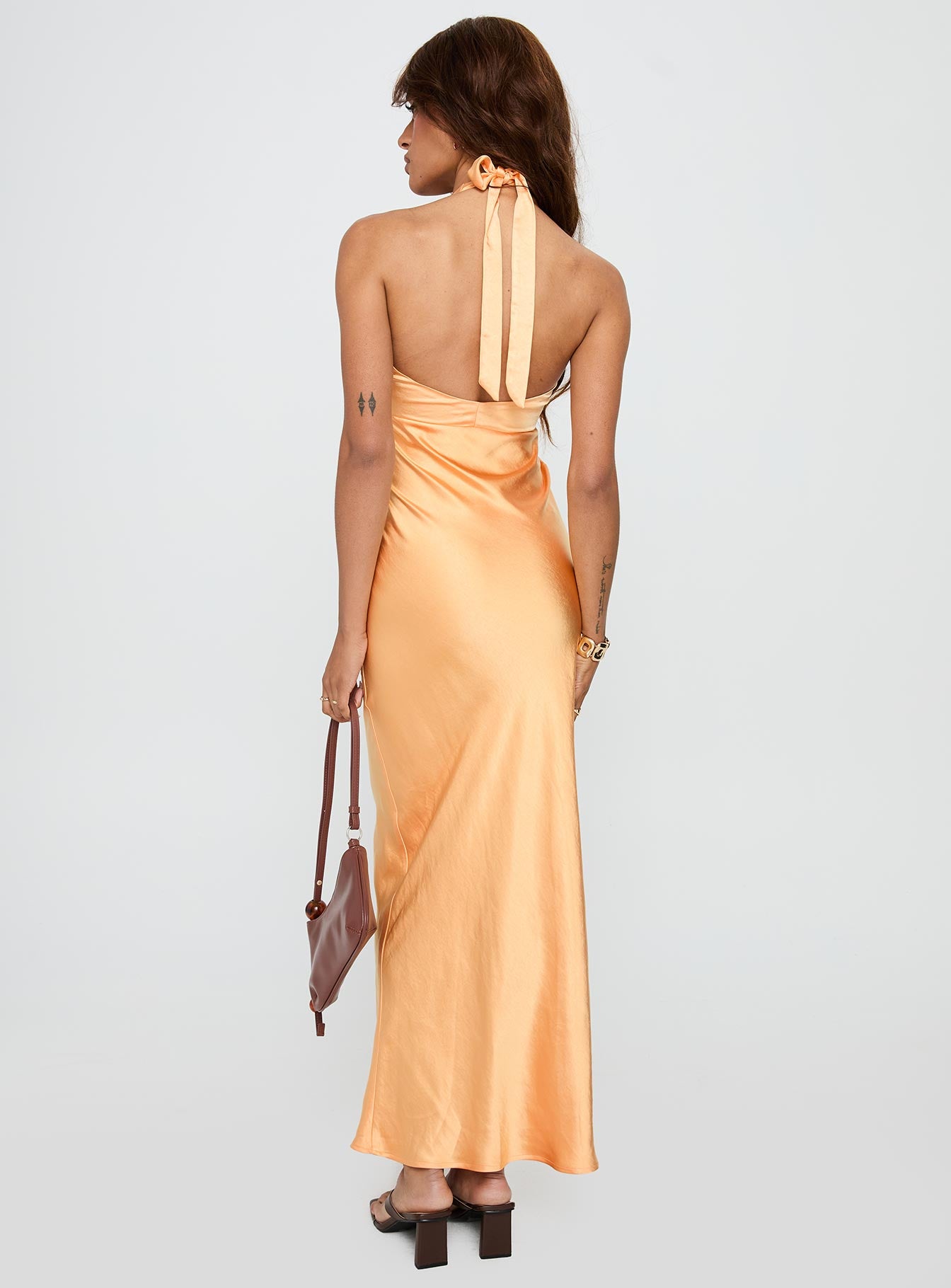 back view of model wearing Princess Polly Good For You Halter Maxi Dress Orange Plunger 
