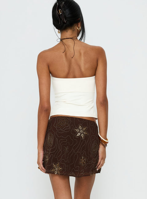 back view of model wearing Princess Polly Nanci Beaded Mini Skirt Brown Mini Skirts 