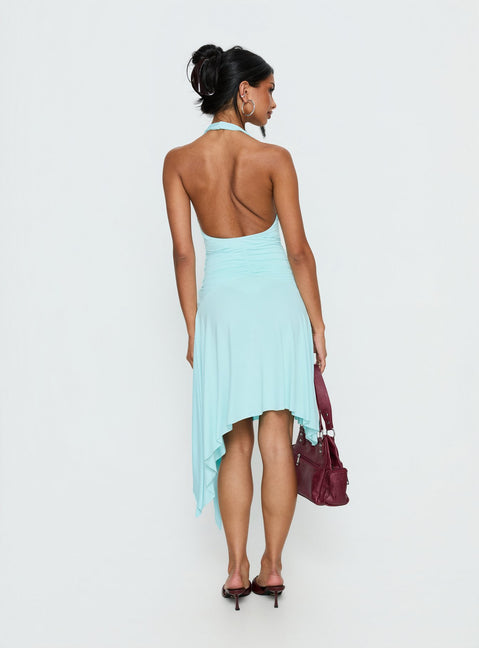 light blue baby dress Moonlit Honey Asymmetrical Halter Jersey Midi Dress Turquoise