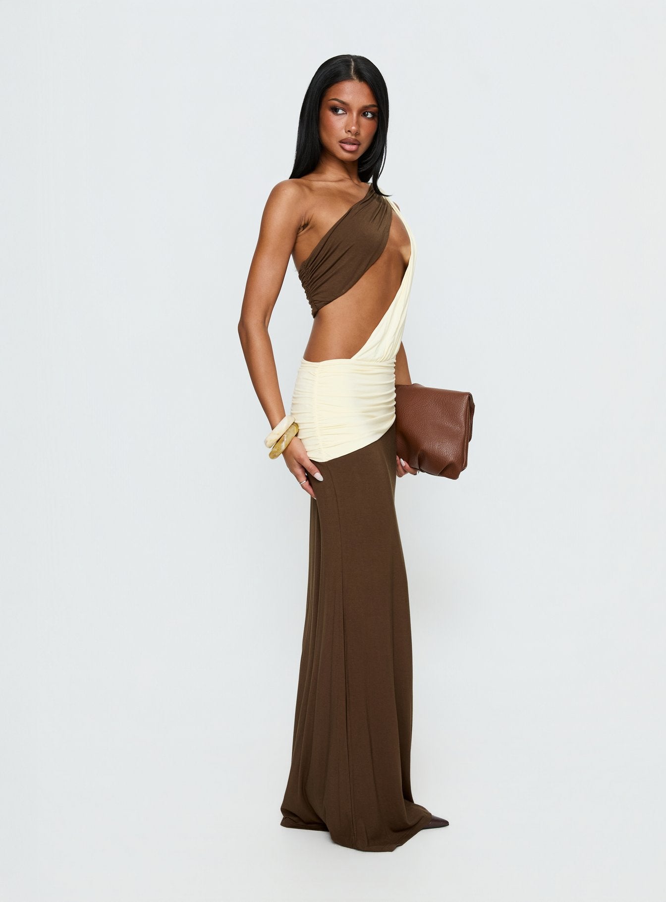 Loletta Draped One Shoulder Maxi Dress / Chocolate / Yellow