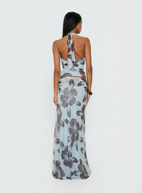 back view of model wearing Princess Polly Roselin Mesh Maxi Skirt Blue Floral 