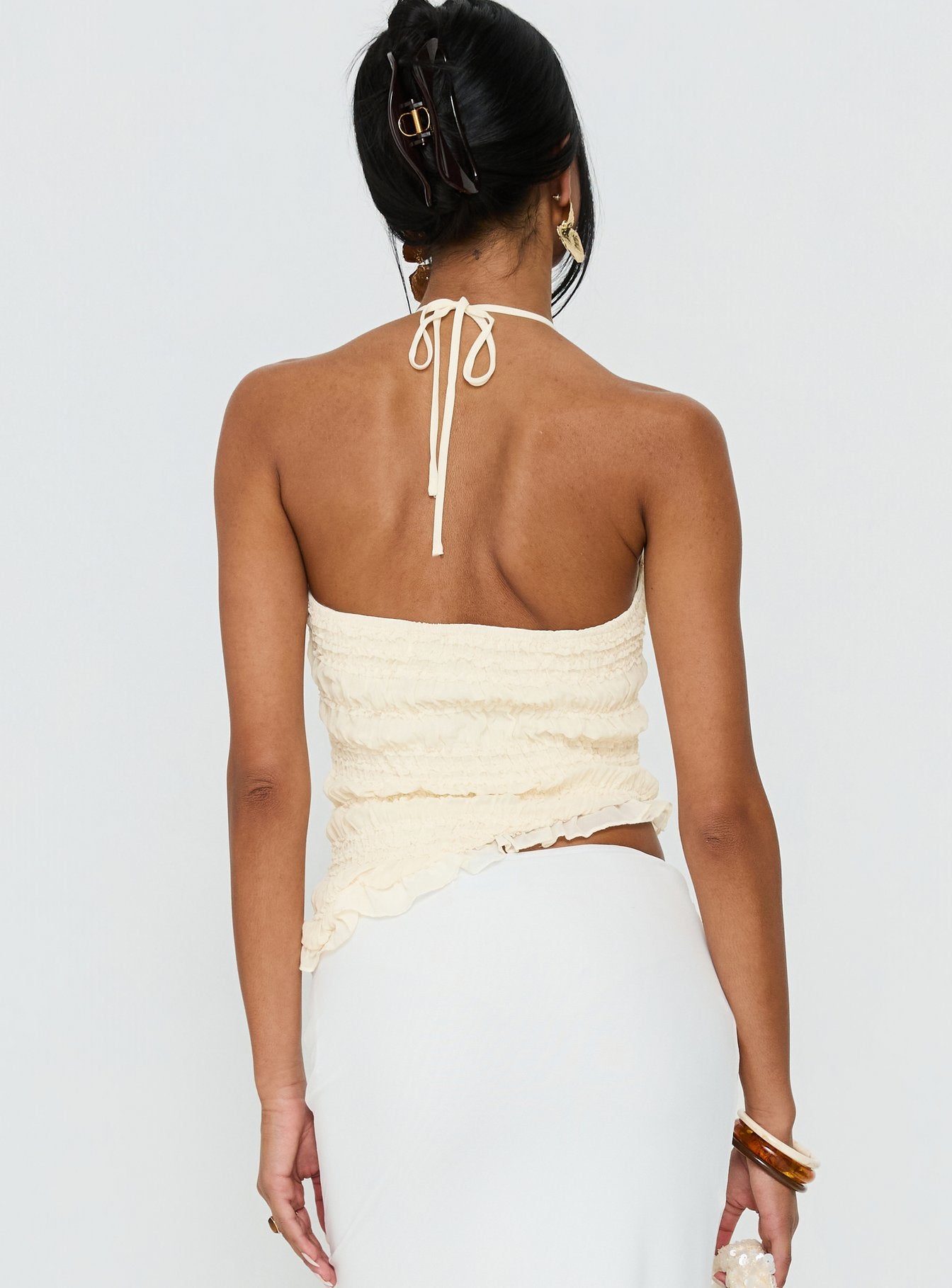 Stairway To Heaven Shirred Asymmetrical Halter Top Cream