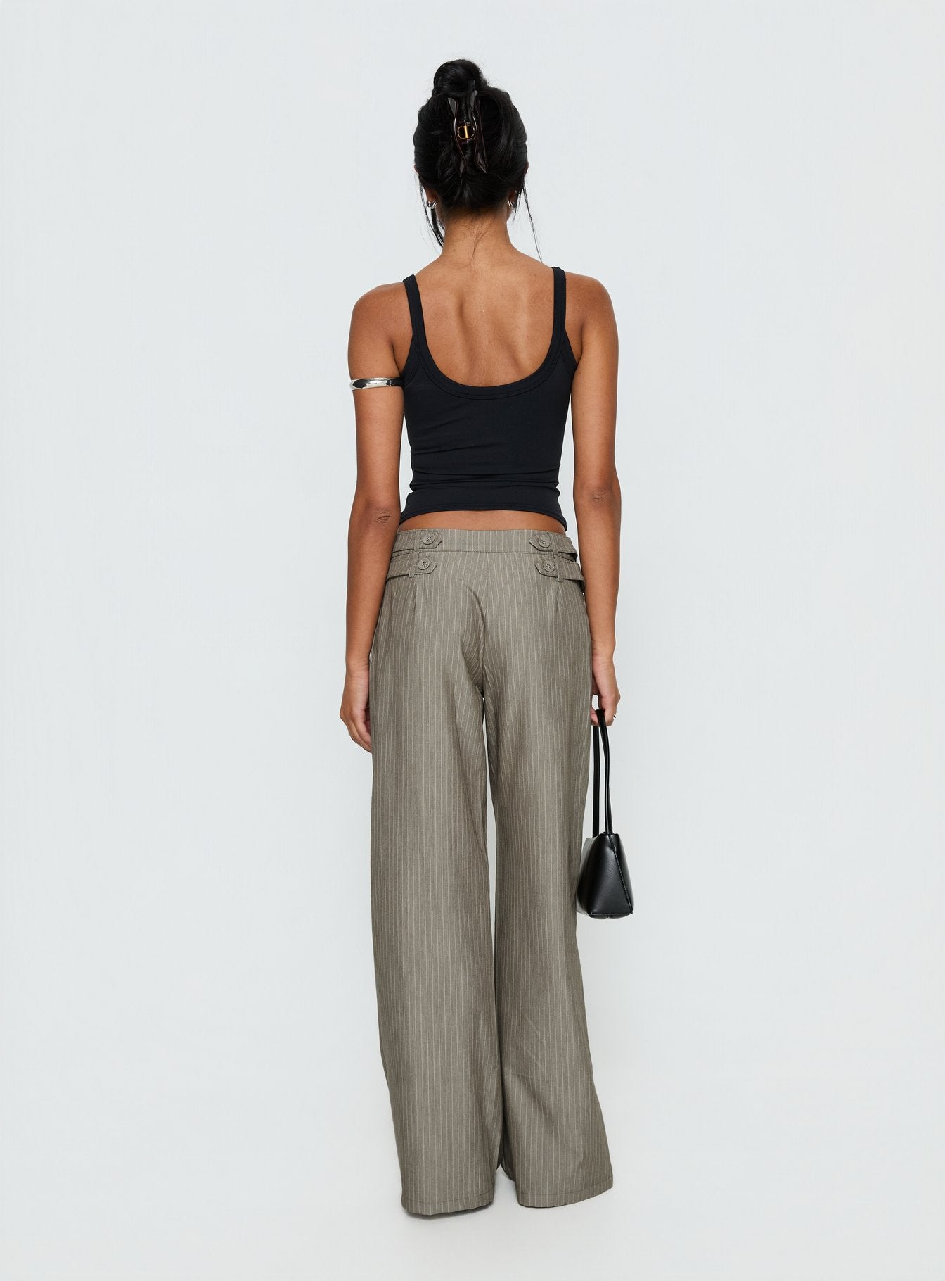 back view of model wearing Princess Polly Jette Tailored Buckle Pant Taupe Pinstripe Mid Rise Pants 