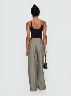 back view of model wearing Princess Polly Jette Tailored Buckle Pant Taupe Pinstripe Mid Rise Pants 