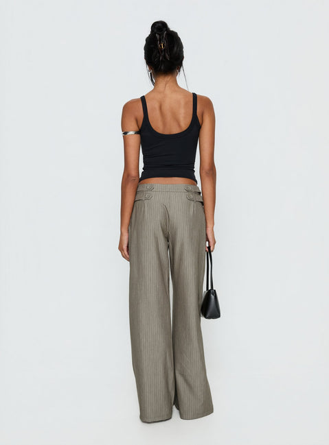 back view of model wearing Princess Polly Jette Tailored Buckle Pant Taupe Pinstripe Mid Rise Pants 