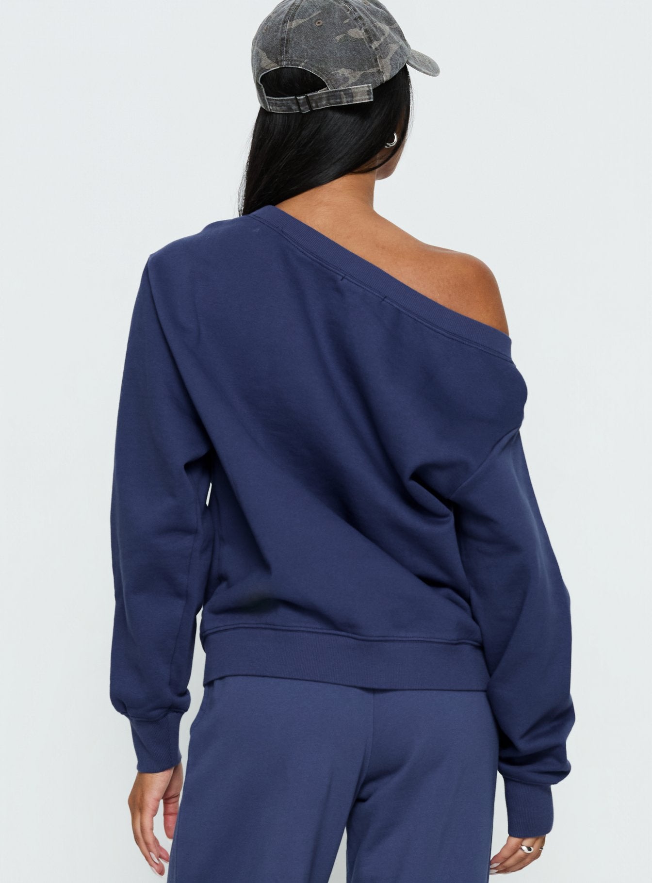 back view of model wearing Princess Polly Wellness Off the Shoulder Jumper Navy 