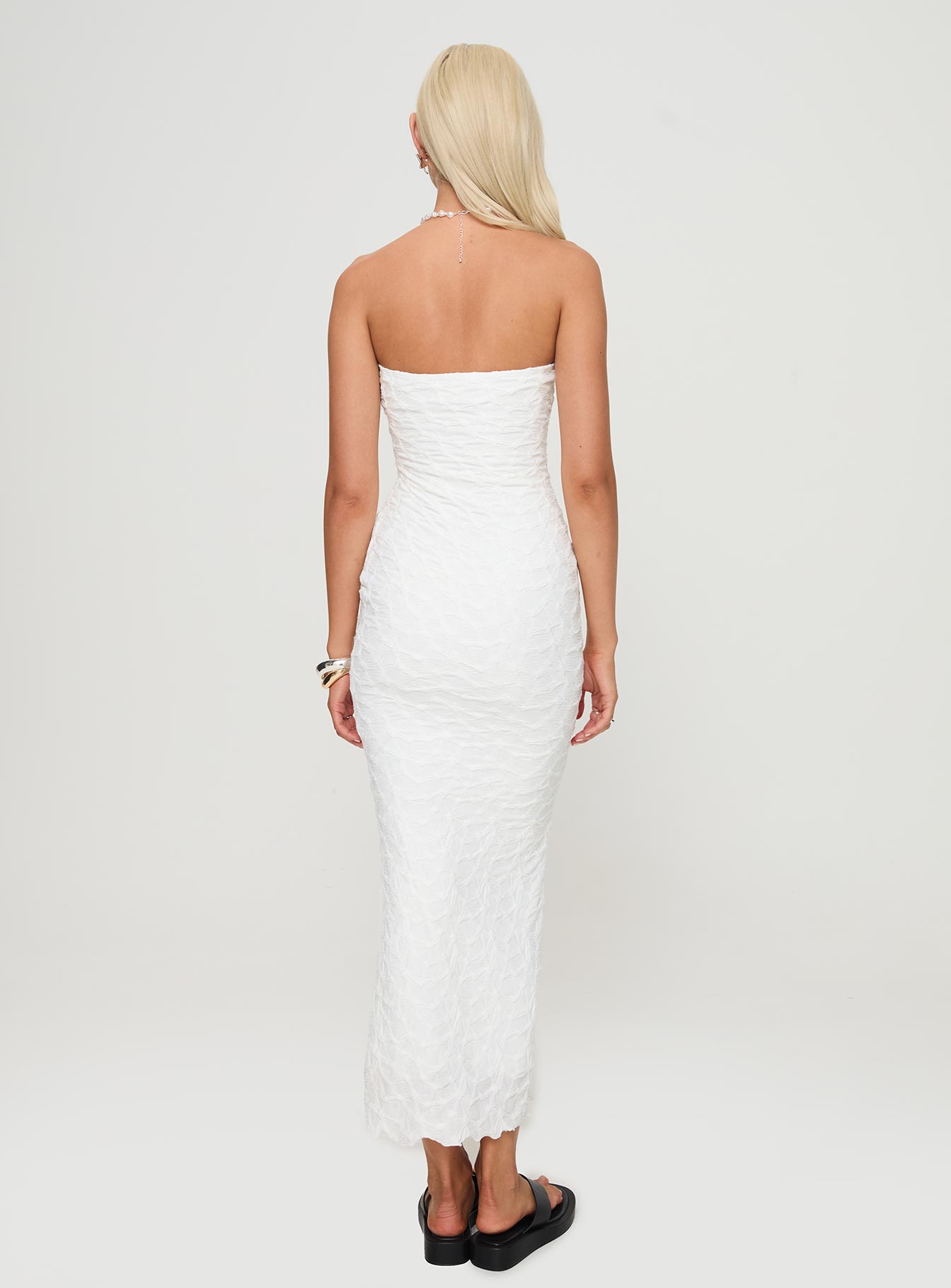 back view of model wearing Princess Polly Jaxx Strapless Maxi Dress White Straight Neck 