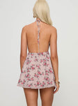 Floral mini dress Halter neck tie fastening, plunging neckline, elasticated waistband, low back Non-stretch material, fully lined