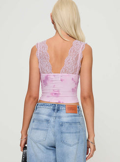 back view of model wearing Princess Polly Typha Top Pink Floral Sleeveless Plunger 