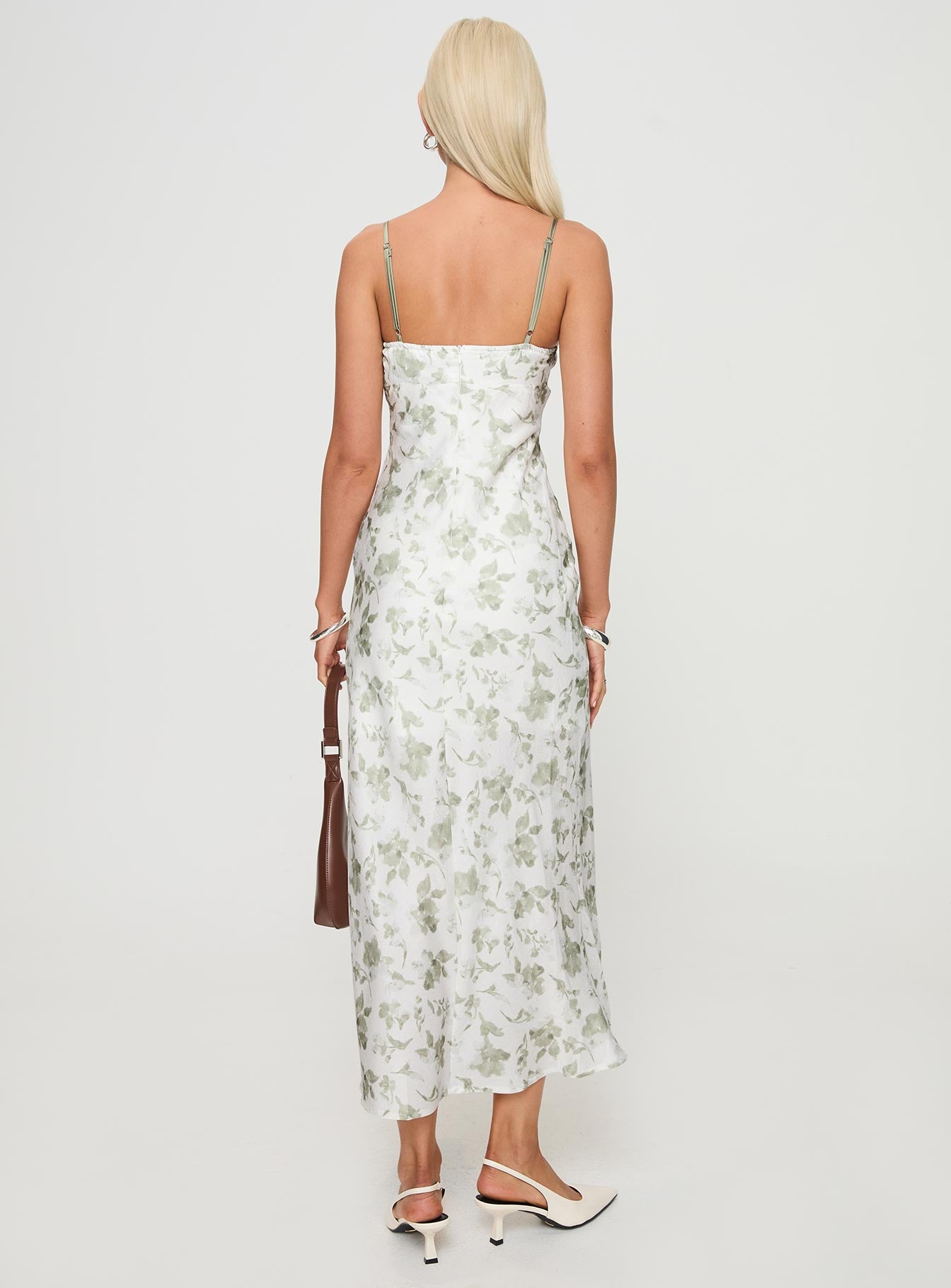back view of model wearing Princess Polly Vasiliki Maxi Dress White / Green Floral Square Neck 