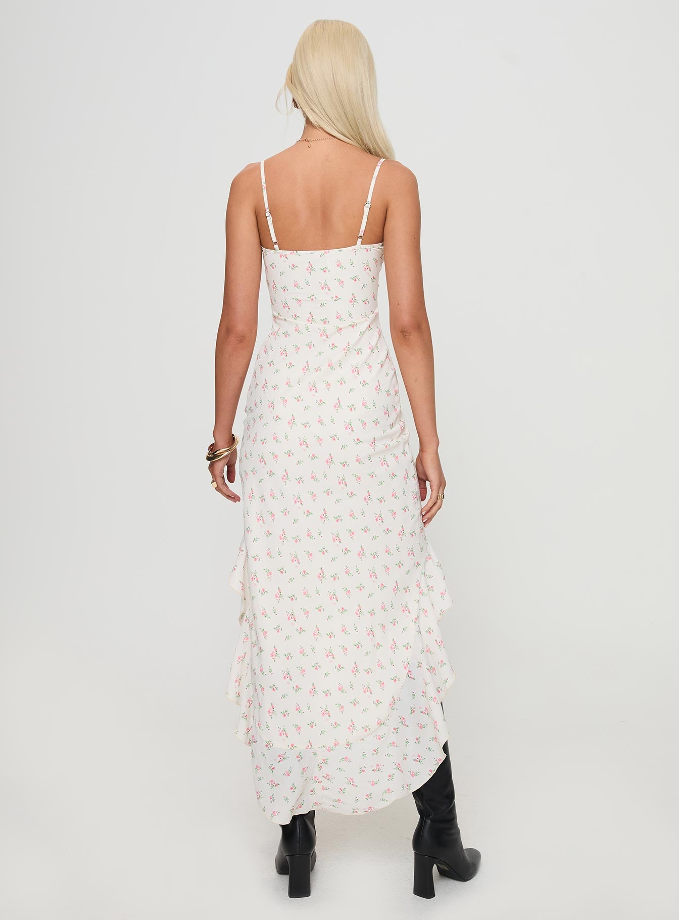 back view of model wearing Princess Polly Roulette Midi Dress Cream Floral Scoop Neck 