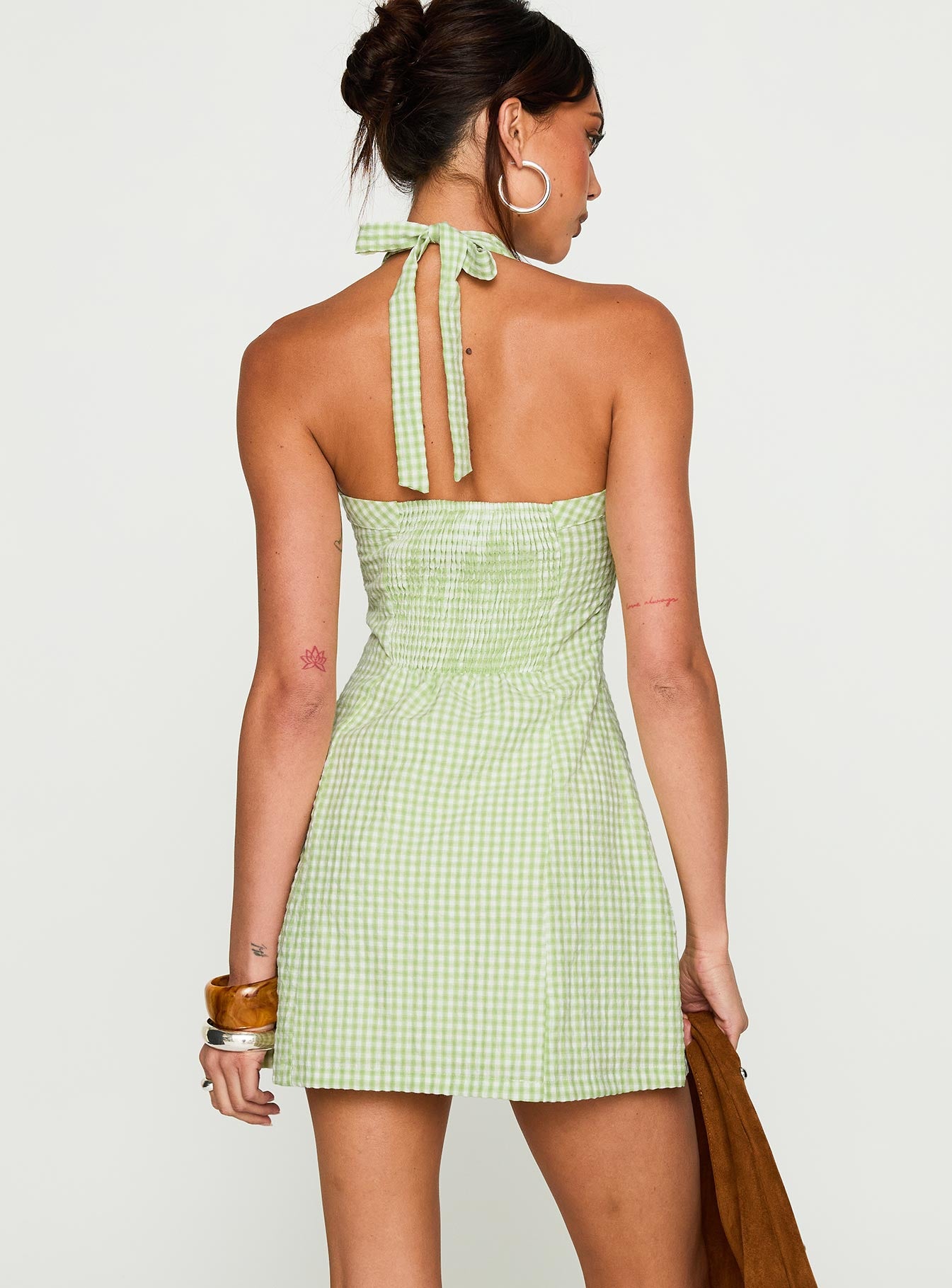 back view of model wearing Princess Polly Mallorie Halter Mini Dress Green Check Scoop Neck 