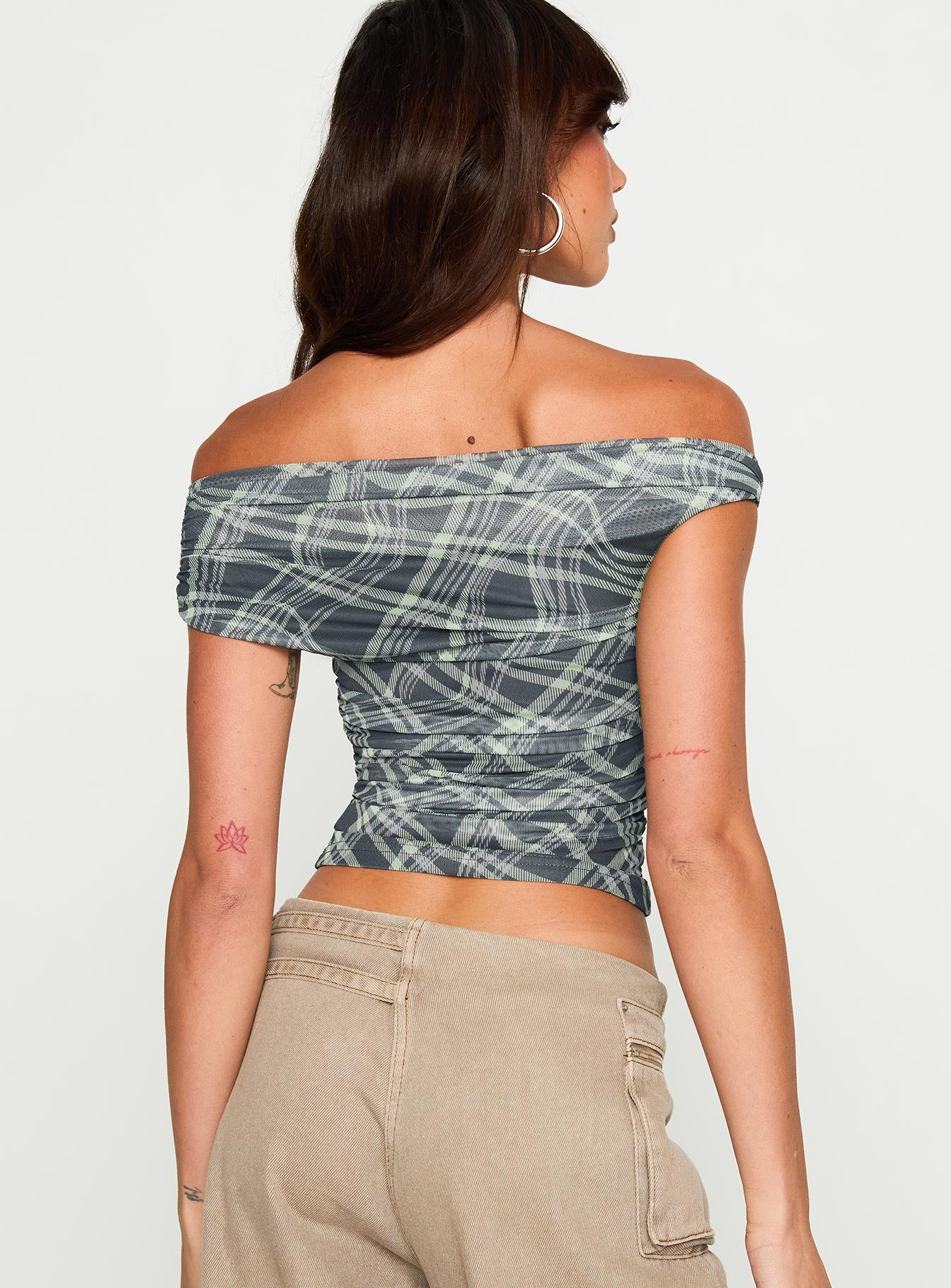 back view of model wearing Princess Polly Sweet Embrace Off Shoulder Top Multi Short Sleeves straight 