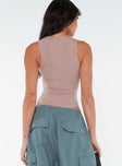 back view of model wearing Princess Polly Crespi Bodysuit Beige Sleeveless Crew Neck 