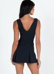 Mini dress Fixed shoulder straps V neckline Bow detail at bust Invisible zip fastening at back Pleats at leg