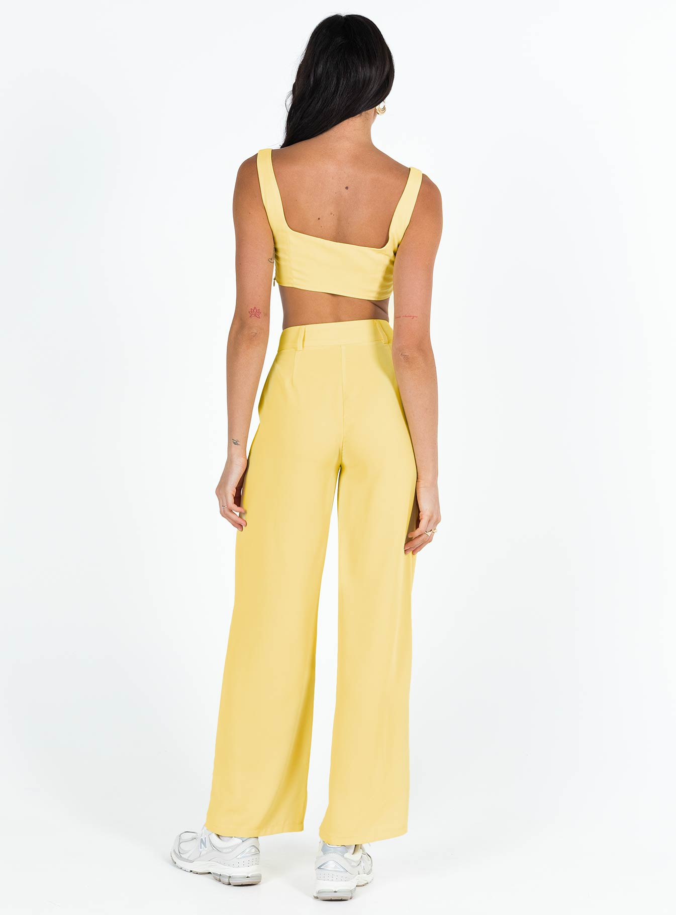 Matching set Crop top Invisible zip fastening at side High waisted pants Wide leg Belt looped waist Zip and button fastening