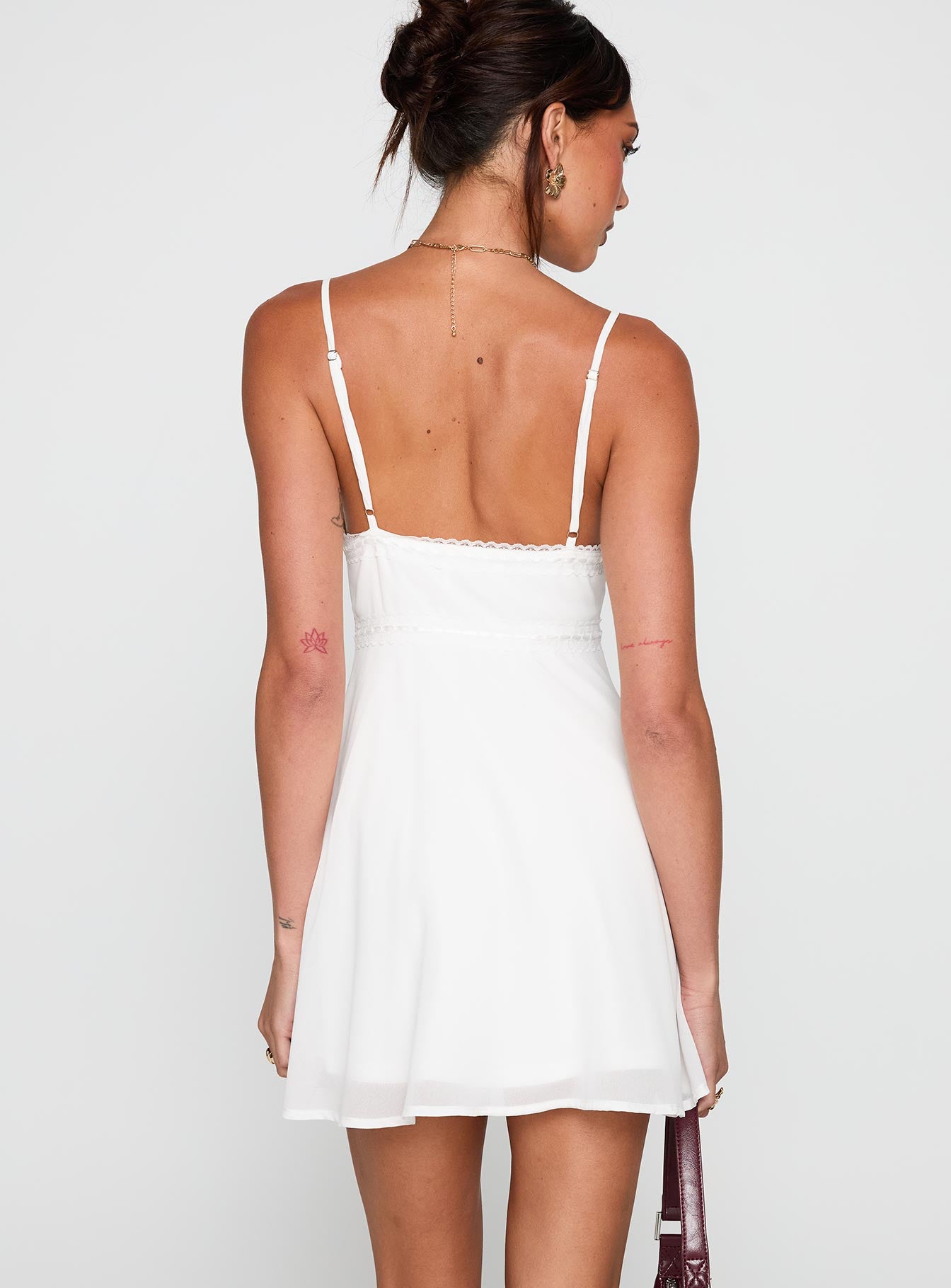 back view of model wearing Princess Polly Pure Joy Mini Dress White Scoop Neck 