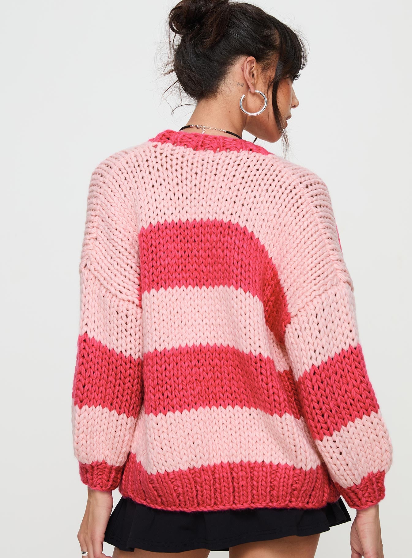 back view of model wearing Princess Polly Lester Knit Cardigan Pink Stripe cropped 