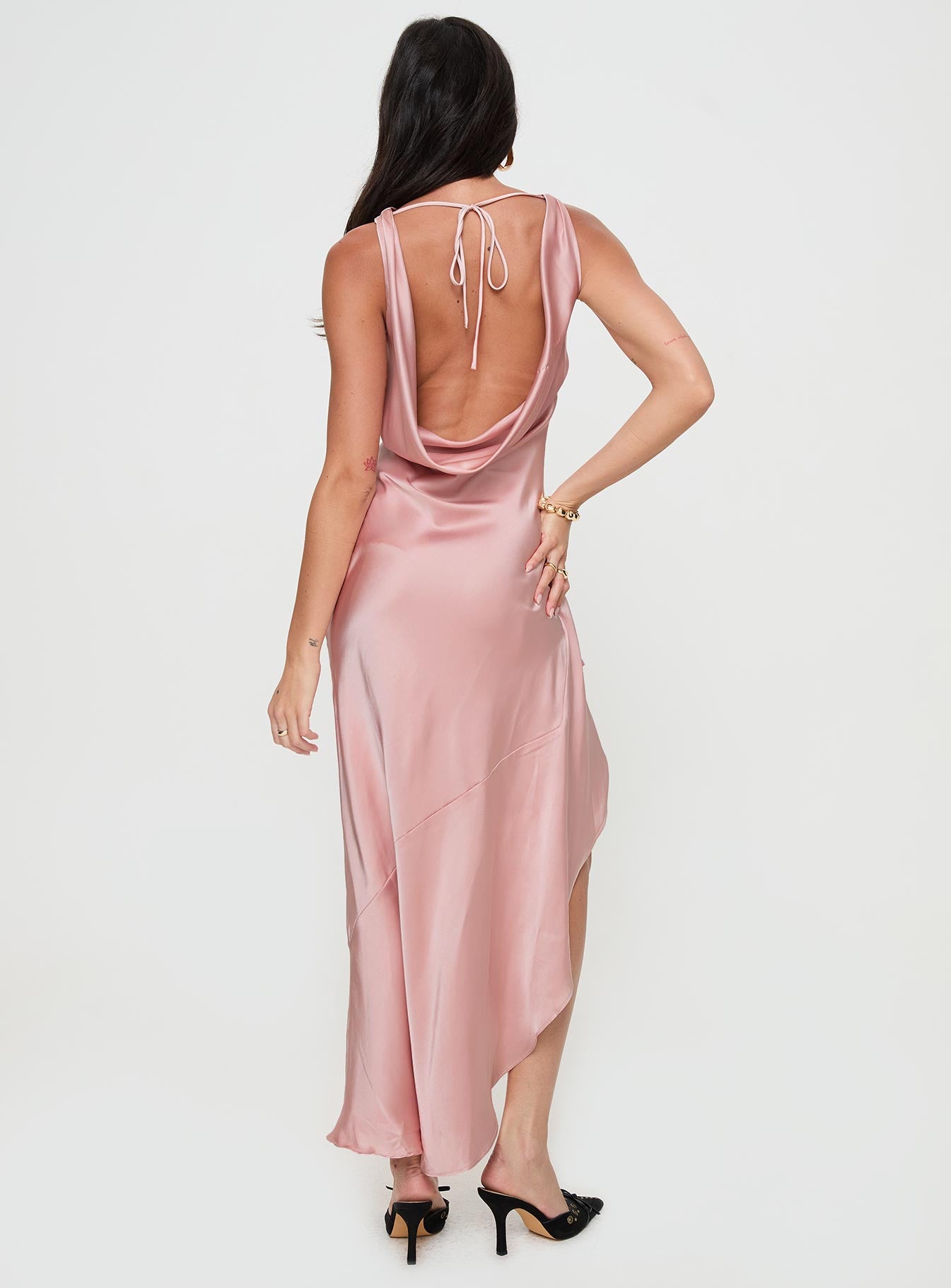 back view of model wearing Princess Polly Hold Me Tight Maxi Dress Pink Cowl Neck 