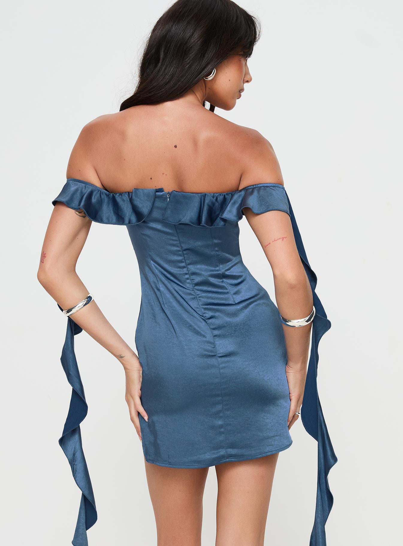 back view of model wearing Princess Polly Society Mini Dress Blue Straight Neck 