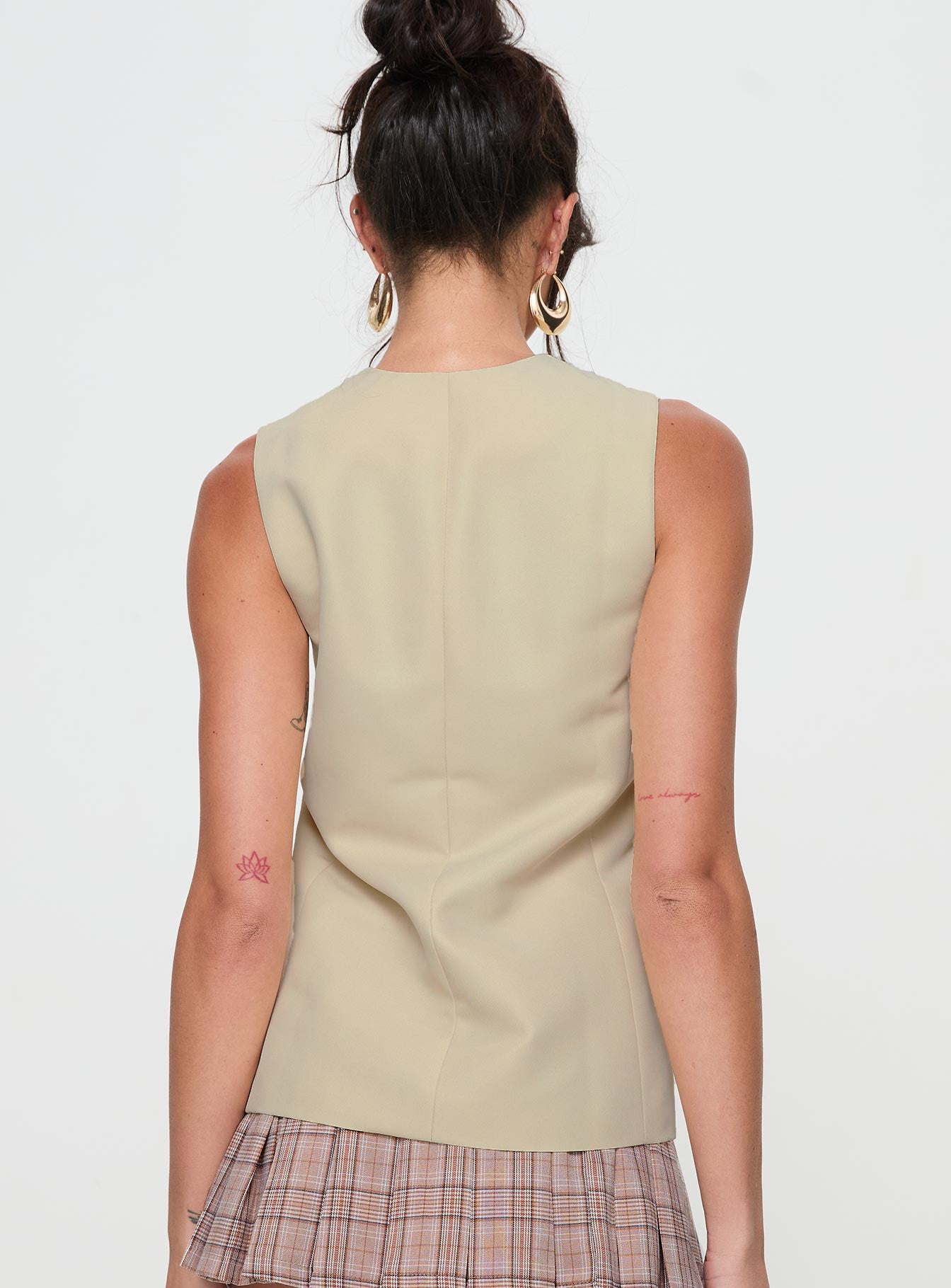 back view of model wearing Princess Polly Dovesie Vest Top Beige Sleeveless V-Neck 