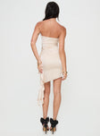 back view of model wearing Princess Polly Callita Strapless Mini Dress Champagne Straight Neck 