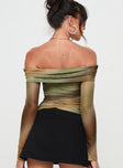 back view of model wearing Princess Polly Lotta Off The Shoulder Top Green Full Sleeves straight 