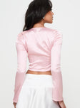 Pink Satin long sleeve top Square neckline, ruched bust, boning throughout, invisible zip fastening