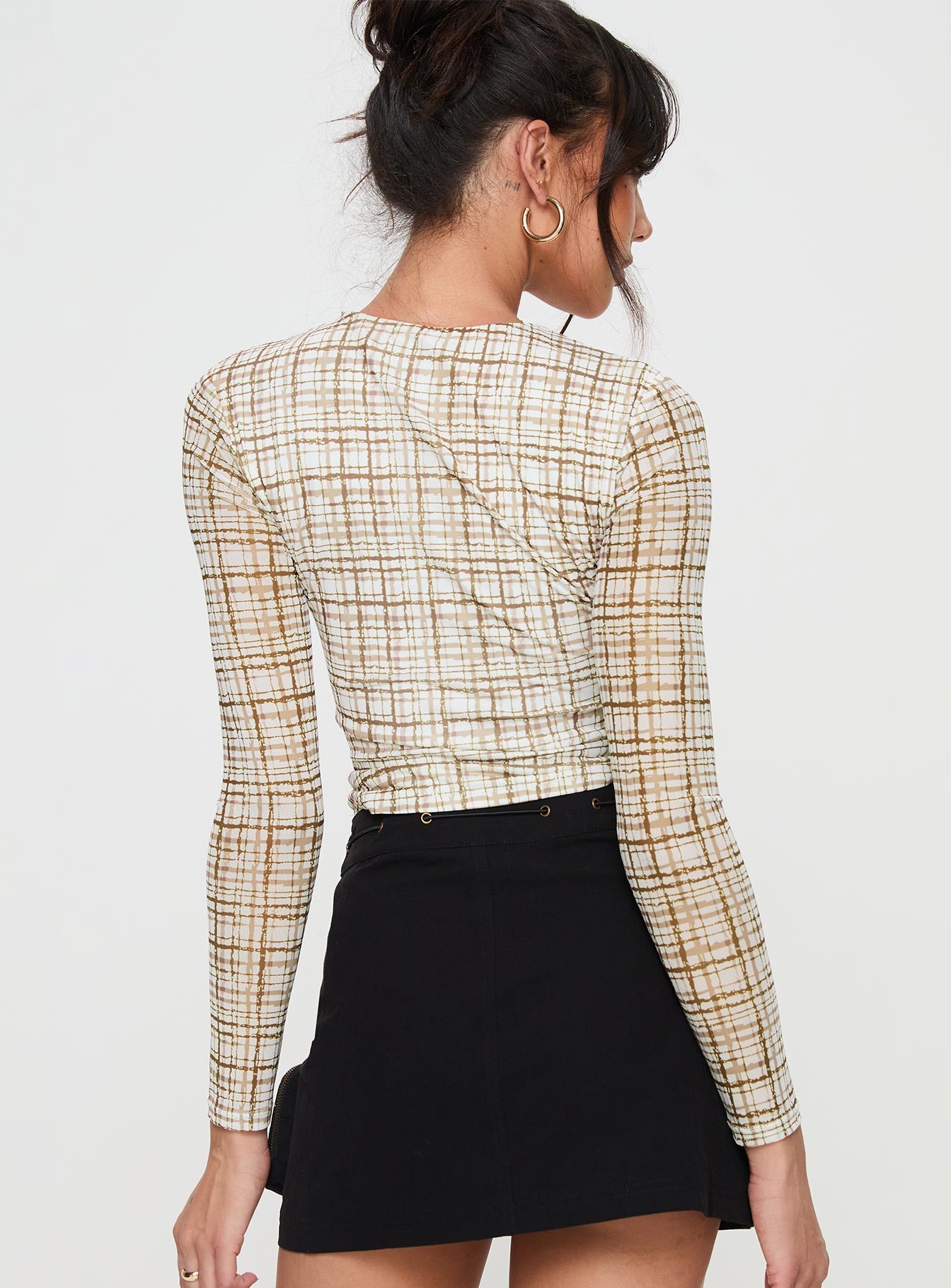 back view of model wearing Princess Polly Blissie Long Sleeve Top Beige Full Sleeves Crew Neck 